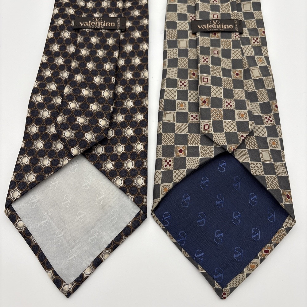 90s Lot of 2 Valentino Cravatte Silk Ties Grey Check Blue Circles Geometric - Picture 2 of 3